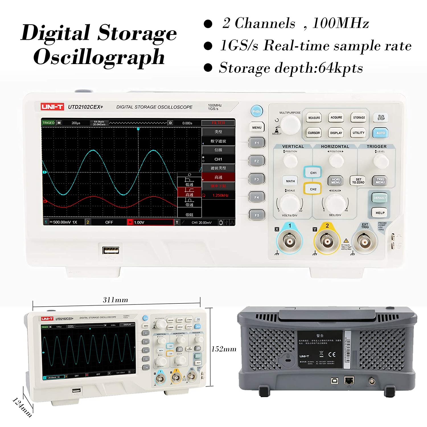 UTD2102CEX+ High Precision 100 - Digital Storage Oscilloscope 100Mhz 评论和价格